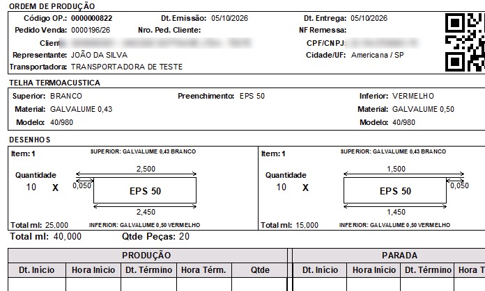 Ordem de produção impressa com pedido de venda, data de entrega, desenho com medidas e QR Code
